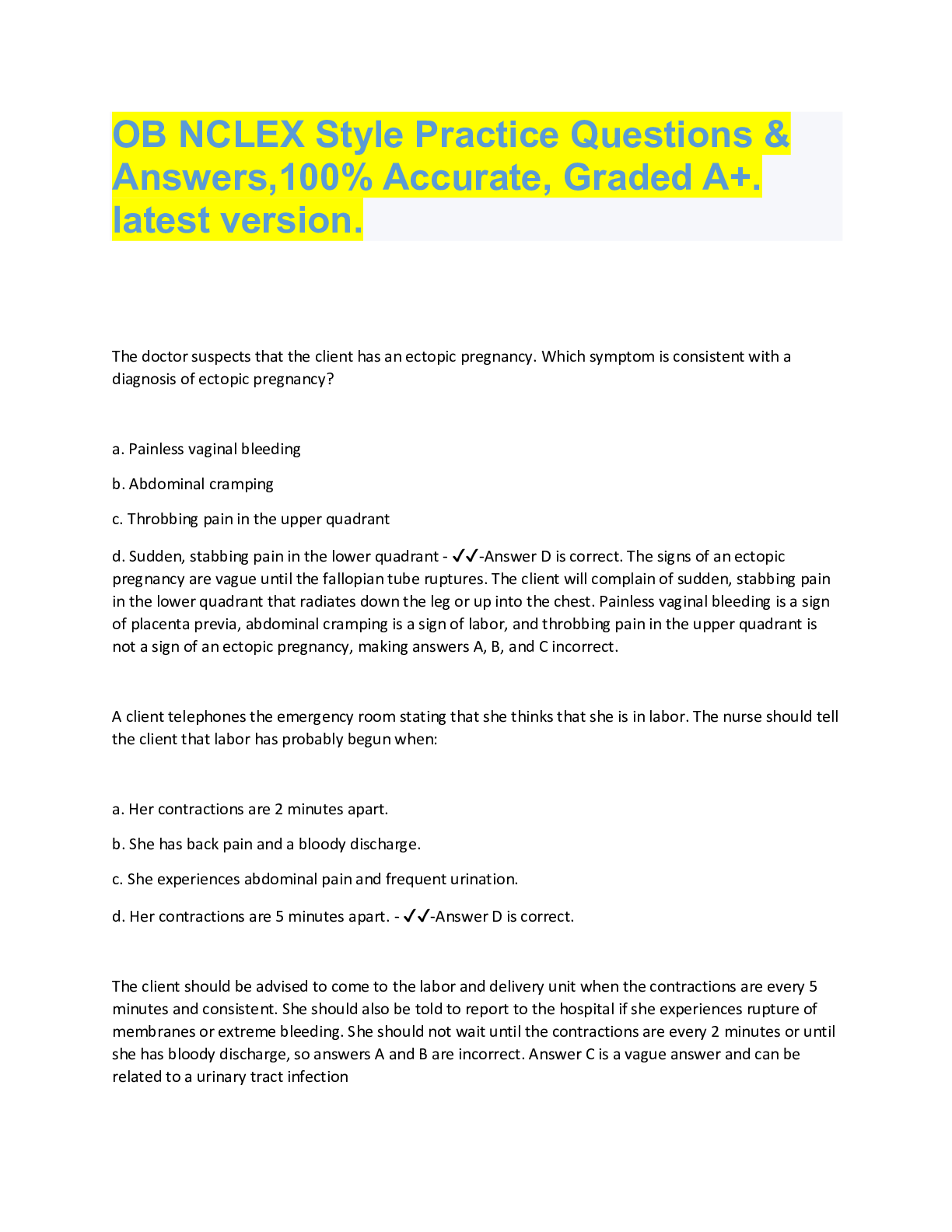 Preview image for OB NCLEX Style Practice Questions &  Answers,100% Accurate, Graded A+.  latest version.